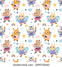 Ballerinas animals pattern. Little cute fairy girls. Forest princesses with dresses and magic wands. Dancing squirrels and rabbits. Winged dancers. Vector seamless