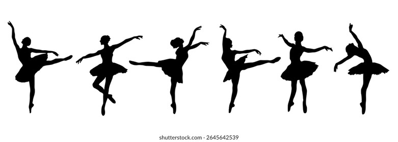 Ballerinas, ballet, modern dance positions. Black silhouettes of dancing girls on a white background. Ideal for design projects related to dance, performing arts, fitness