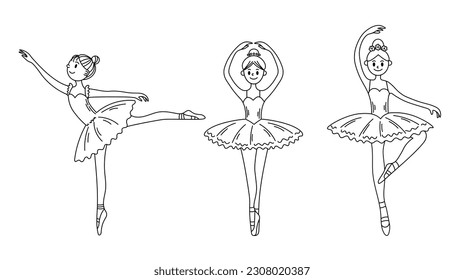 Ballerinas dancing ballet. Hand drawn collection with theater dancers in tutu and pointes. Black line art ballet set in doodle style. Vector illustration