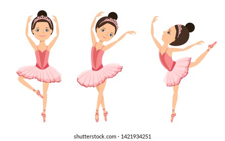 Ballerinas are dancing set. Cute girls kids dancers in pink tutu dress and pointe dance. Children's ballet school concept. Vector illustration in cartoon flat style.