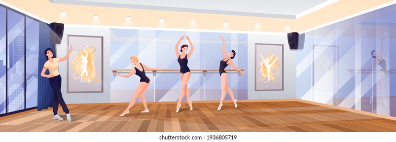 Ballerinas bailando con entrenador en estudio en clase. Ilustración vectorial de diseño interior de escuela de ballet. Hermosas mujeres con diferentes poses en barandilla durante la lección. Panorama horizontal.