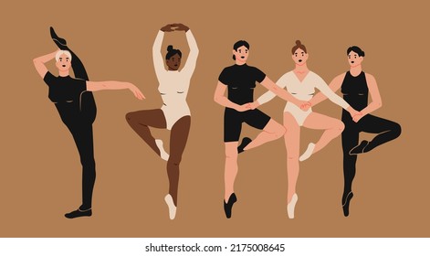 Ballerinas in different poses. Dancing women. Beautiful women silhouettes. Fitness, classical dancing, ballet school concept. Hand drawn modern Vector illustration. Cartoon style isolated characters