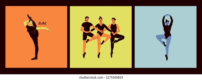 Ballerinas in different poses. Dancing women. Beautiful women silhouettes. Fitness, classical dancing, ballet school concept. Hand drawn modern Vector illustration. Cartoon style isolated characters