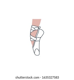 Ballerina's leg in ballet shoes standing on pointe.Vector icon isolated on white background.