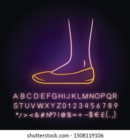 Ballerinas neon light icon. Woman stylish formal footwear design. Female casual flats, modern everyday ballet shoes. Glowing sign with alphabet, numbers and symbols. Vector isolated illustration
