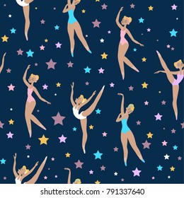 Ballerinas pattern on a dark background. Fabric whit  ballerinas and stars. Children's pattern with small ballerinas. Vector illustration.Vector illustration.