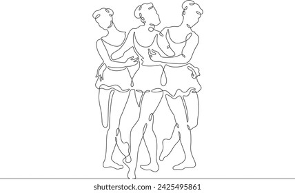 Bailarinas ensayando un baile. Ballet clásico. Bailarines en la sala de baile. Un dibujo de línea continua. Lineal. Dibujado a mano, fondo blanco. Una línea