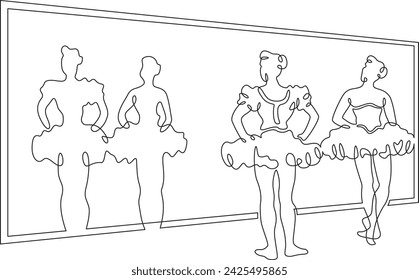 Ballerinas rehearsing a dance. Classical ballet art. Dancers in the dance hall. One continuous line drawing. Linear. Hand drawn, white background. One line