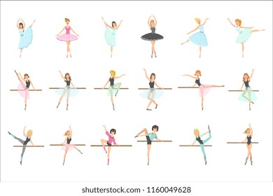 Ballerinas Training In Dance Class Set Of Flat Simplified Childish Style Cute Vector Illustrations Isolated