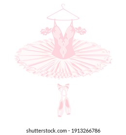 Ballerinas tutu lacedress, pointe shoes, dancing and theatre clothing, vector ballet