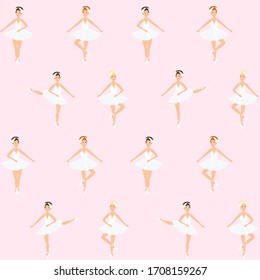 Ballerinas in tutu and pointe shoes, dancing and posing. Ballet seamless vector pattern on the pink background. 