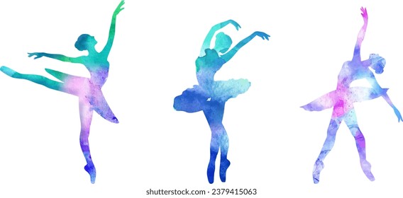 Ballerinas watercolor. Silhouette of ballerinas with watercolor texture. Logo, silhouette, ballerina, dancing, icon, frog ear, bright watercolor colors.
