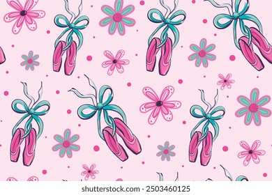 Balles seamless pattern on pink background. Ballet shoes and flowers girlish print for wrapping paper, textile. Floral ornament and dance patterns