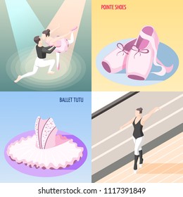 Ballet 2x2 design concept set of dancer couple ballerinas training at barre tutu and pointe shoes isometric compositions vector illustration 