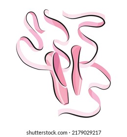 Ballet accessorie. Pink pair of pointe-shoes with satin or silk ribbon. Vector hand drawn sketch style object