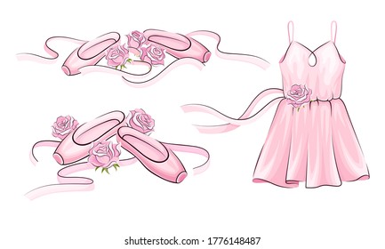 Ballet Accessories with Dress and Pair of Pointe-shoes Vector Set