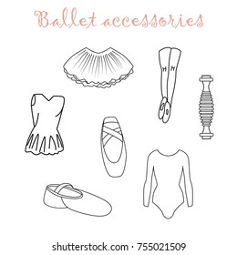 Ballet accessories icons set in outline style for ballet class, logo and creative design