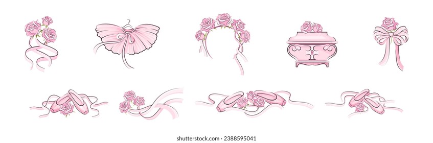 Ballet Accessories with Pink Rose Bud Vector Set