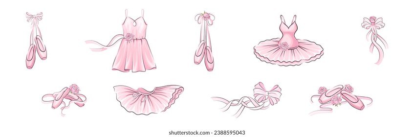 Ballet Accessories with Pink Rose Bud Vector Set