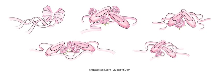 Ballet Accessories with Pink Rose Bud Vector Set