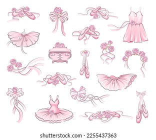 Ballet Accessories with Pink Tutu Skirt and Pair of Pointe-shoes, Bow and Satin Ribbon Big Vector Set