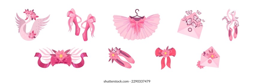 Ballet Accessories with Swan, Bow, Tutu Skirt, Flower and Pointe-shoes Vector Set