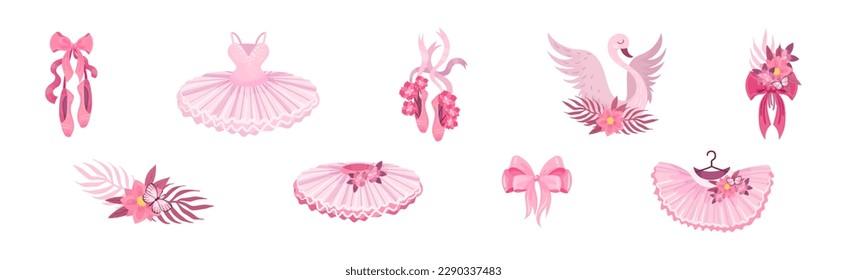 Ballet Accessories with Swan, Bow, Tutu Skirt, Flower and Pointe-shoes Vector Set