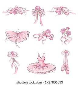 Ballet Accessories with Tutu Skirt and Pair of Pointe-shoes Vector Set
