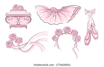 Ballet Accessories with Tutu Skirt and Pair of Pointe-shoes Vector Set