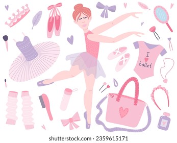 Ballet accessories vector flat style set. Tutu skirt, dancing ballerina, ballet shoe and other elements pink set