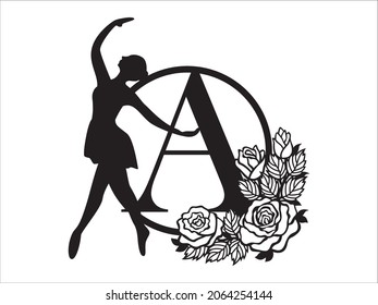 Ballet alphabet vector. Ballerina alphabets letter A in frame. Ballet dance beautiful design template for stencil, paper craft, cutting, sticker and printing