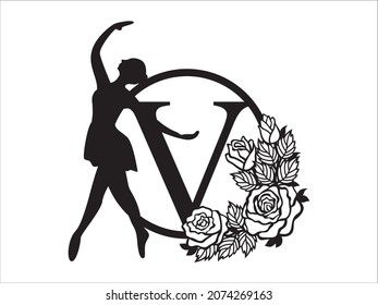 Ballet alphabet vector. Ballerina alphabets letter V in frame. Ballet dance beautiful design template for stencil, paper craft, cutting, sticker and printing