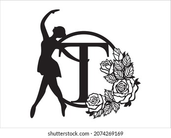 Vector del alfabeto ballet. Alfabeto de Ballerina letra T en el marco. Ballet danza hermosa plantilla de diseño para esténcil, artesanía de papel, corte, pegatina e impresión