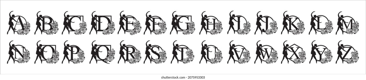 Ballet alphabet vector. Ballerina alphabets letter frame. Assorted initial letter A to Z. Ballet dance beautiful design template for stencil, paper craft, cutting, sticker and printing