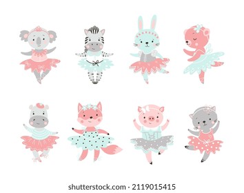 Ballet animal. Bear in tutu, baby rabbit ballerina. Cute fairy dance animals. Girls coala, fox and kitty dancing. Adorable cartoon nowaday vector clipart