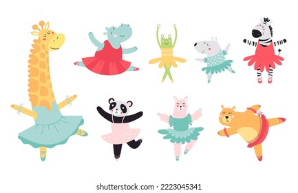 Animales de ballet crían clíparte. Bailarinas en tubos y zapatos de punta. Baile animal en vestimenta, personajes infantiles vectoriales con clase de dibujos animados. Oso y jirafa divertidos