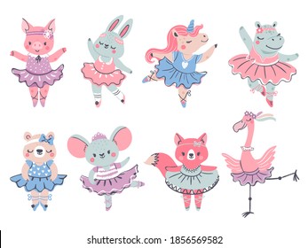 Ballet animals. Bunny, fox and unicorn ballerina in scandinavian style. Pig, bear, hippo and flamingo dance in tutu. Girl fashion vector set. Ballerina animal in dress, cute bunny dancer illustration