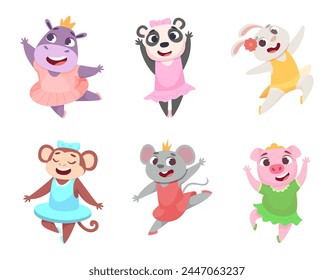 Ballet animals. Cartoon funny animals dancing in fashioned ballerinas clothes exact vector illustrations set