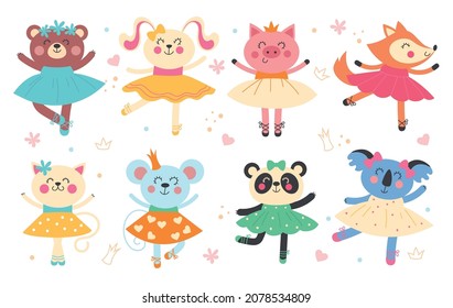 Ballet animals. Cute ballerinas characters. Funny dancers in delicate airy dresses. Cartoon bunny and kitten. Pig girls and rabbits dance. Pretty panda posing. Vector kids fairies set