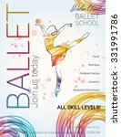 Ballet background. Flyer, brochure, invitation, ticket, poster or greeting card design template with beautiful ballet dancer figure. Vector illustration. 
