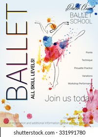 Ballet background. Flyer, brochure, invitation, ticket, poster or greeting card design template with beautiful ballet dancer figure. Vector illustration. 