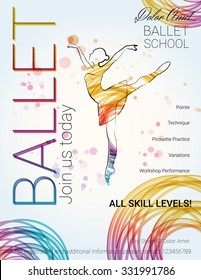 Ballet background. Flyer, brochure, invitation, ticket, poster or greeting card design template with beautiful ballet dancer figure. Vector illustration. 