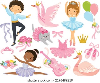Ballet and ballerina clipart set. Male and female ballet dancers with related ballet items.