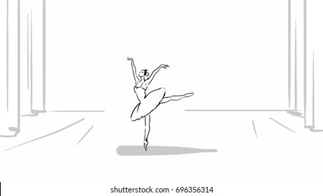 Ballet. Ballerina dancing on stage. Vector sketch of beautiful ballet dancer dressed in a pack. Full body. Black and white simple drawing