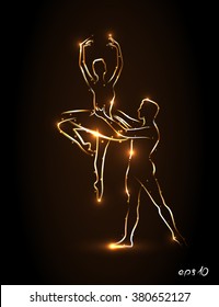 Ballet. Ballerina and male dancer holds his partner's waist during a jump, perform pas. Abstract silhouette dancers with golden outline on a brown background. Partner ballerina lifted up in his arms. 