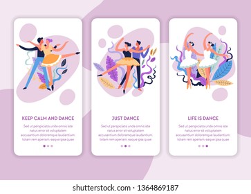 Clases de baile de ballet y salón de baile o clases de baile de programa latina en línea plantilla de página web vectorial pareja de hombres y mujeres se mueven y posa bailarinas en el sitio en línea de movimiento de hombres y mujeres tutu y hobby.