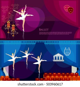 Ballet banners ballerinas ballet dancing on theater stage ballet vector illustration 