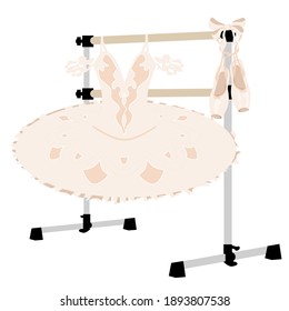 Ballet barre, tutu dress, pointe shoes, studio equipment ballerina room, vector illustration, wood amd metal