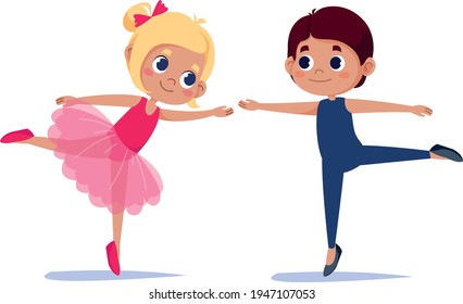 Ballet boy and girl vector cartoon illustration. Children in beautiful outfits are dancing. Woman in a pink dress. Male athlete in tights fun cute