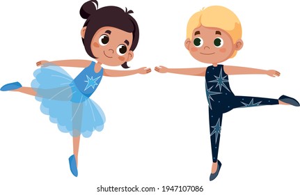 Ballet boy and girl vector cartoon illustration. Children in beautiful outfits are dancing. Woman in a blue dress.